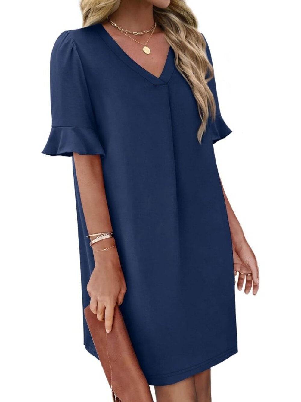 Women's Navy Blue Ruffle Short Sleeve Neck Casual  with Pockets Shift Mini Dress - Picture 3 of 5
